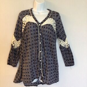 Young Threads Shirt Womens Small Boho Navy Tunic Button Lace Phoebe Buffay